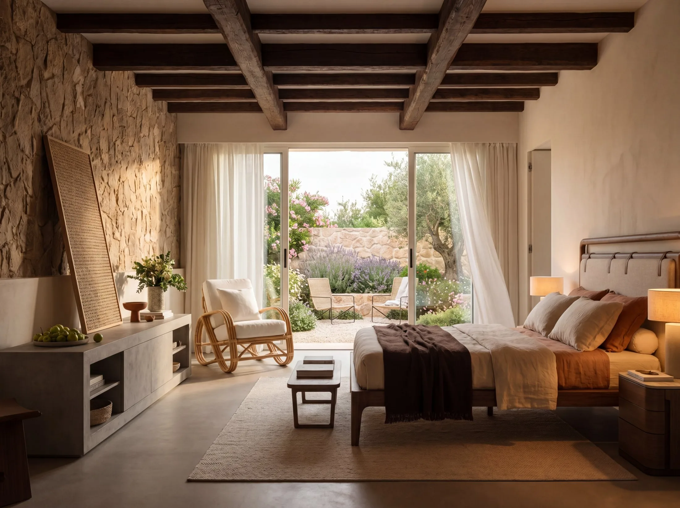 Camera da letto in pietra con travi a vista e portico sul giardino